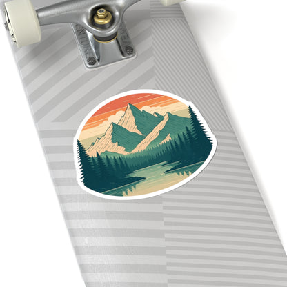 Mountain Echo Sticker | Sunset Peak and Pine Forest Scene – Retro Wilderness Adventure Vinyl Sticker