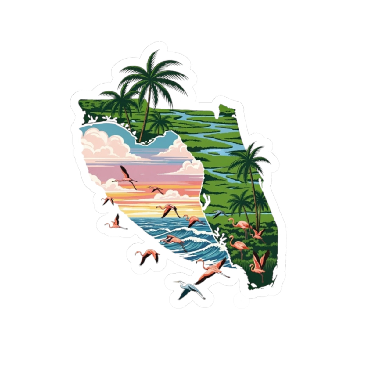 Florida Sunset Sticker | Tropical Coastline Inside Florida State Silhouette – Palm Trees, Flamingos & Ocean Sunset Vinyl Sticker