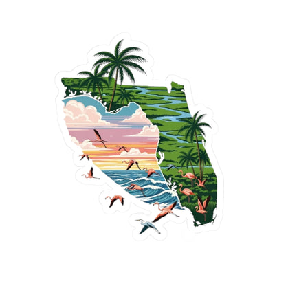 Florida Sunset Sticker | Tropical Coastline Inside Florida State Silhouette – Palm Trees, Flamingos & Ocean Sunset Vinyl Sticker