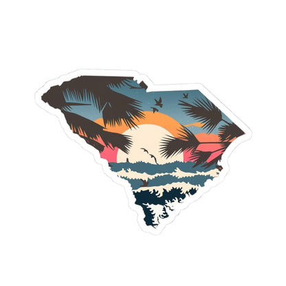 Palmetto Coast Sticker | Tropical Beach Sunset Inside South Carolina State Shape – Ocean Waves & Palm Tree Silhouette Vinyl Sticker