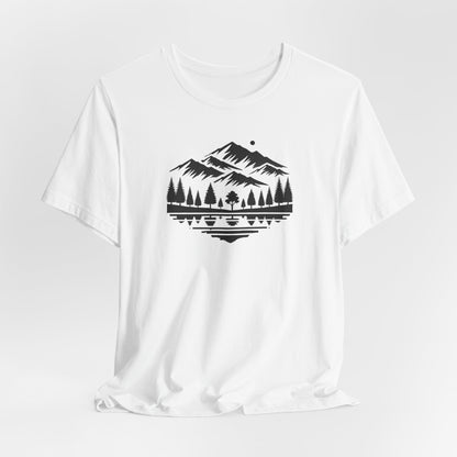 Alpine Reflection Tee | Minimal Mountain Scene with Forest and Lake - Bold Nature Graphic T-Shirt (BC3001)