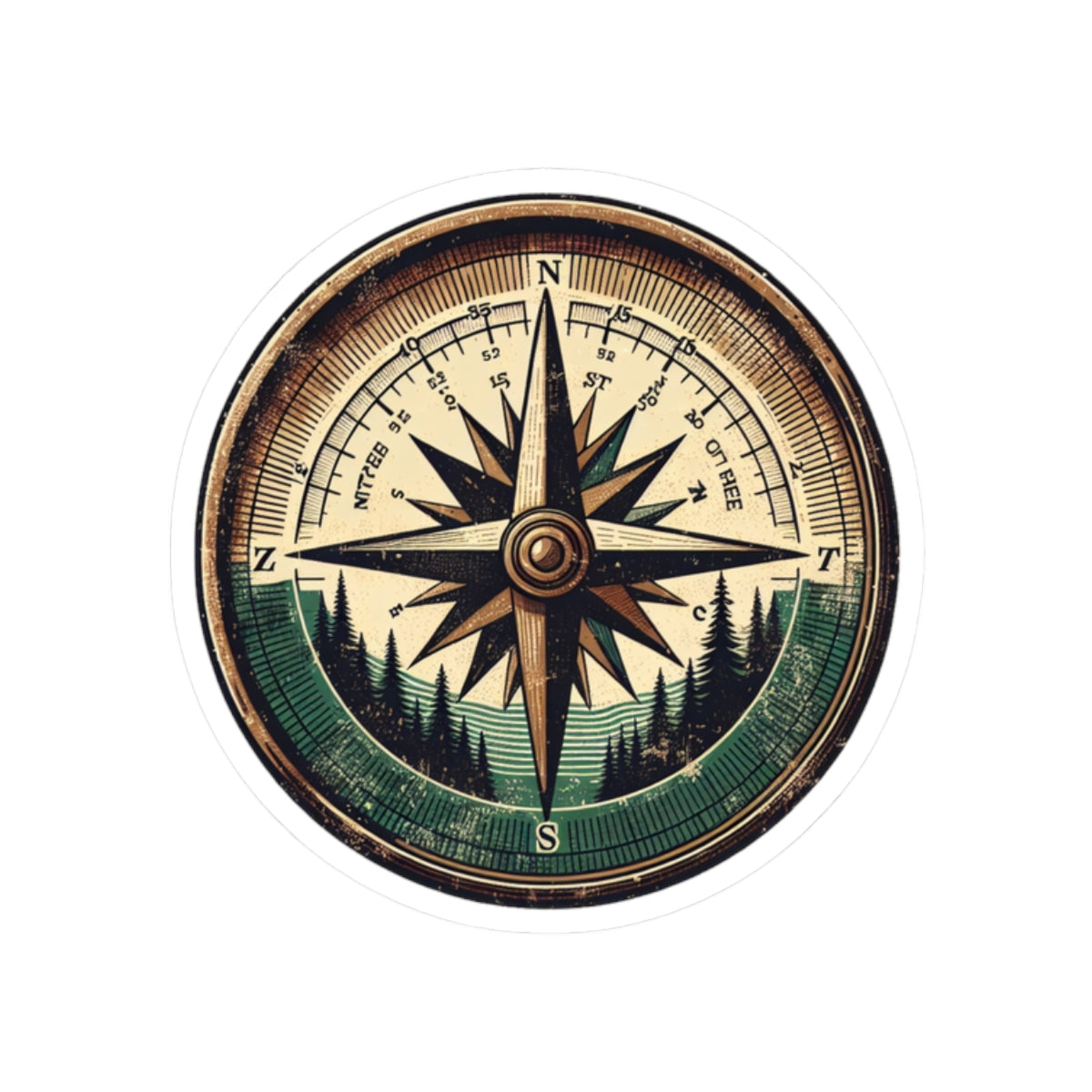 Wander North Sticker | Vintage Compass Rose with Forest Mountains – Adventure Navigation Graphic Vinyl Sticker