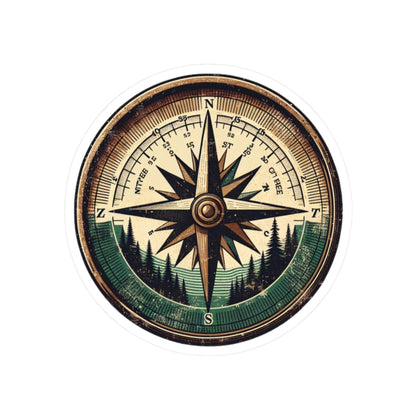 Wander North Sticker | Vintage Compass Rose with Forest Mountains – Adventure Navigation Graphic Vinyl Sticker