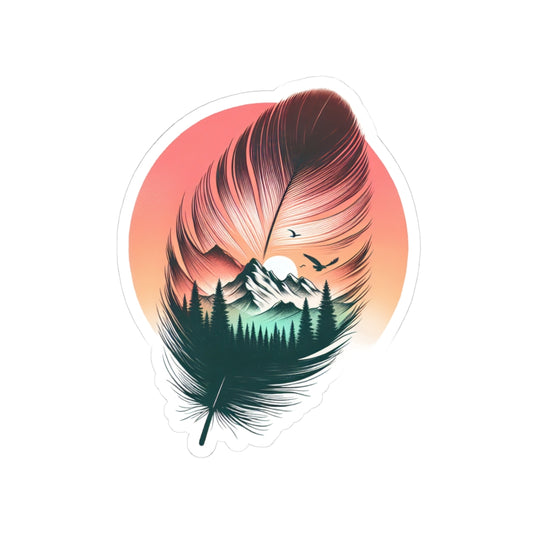 Feathered Wild Sticker | Dreamy Mountain Landscape Inside Feather with Sunset Glow – Nature-Inspired Vinyl Sticker