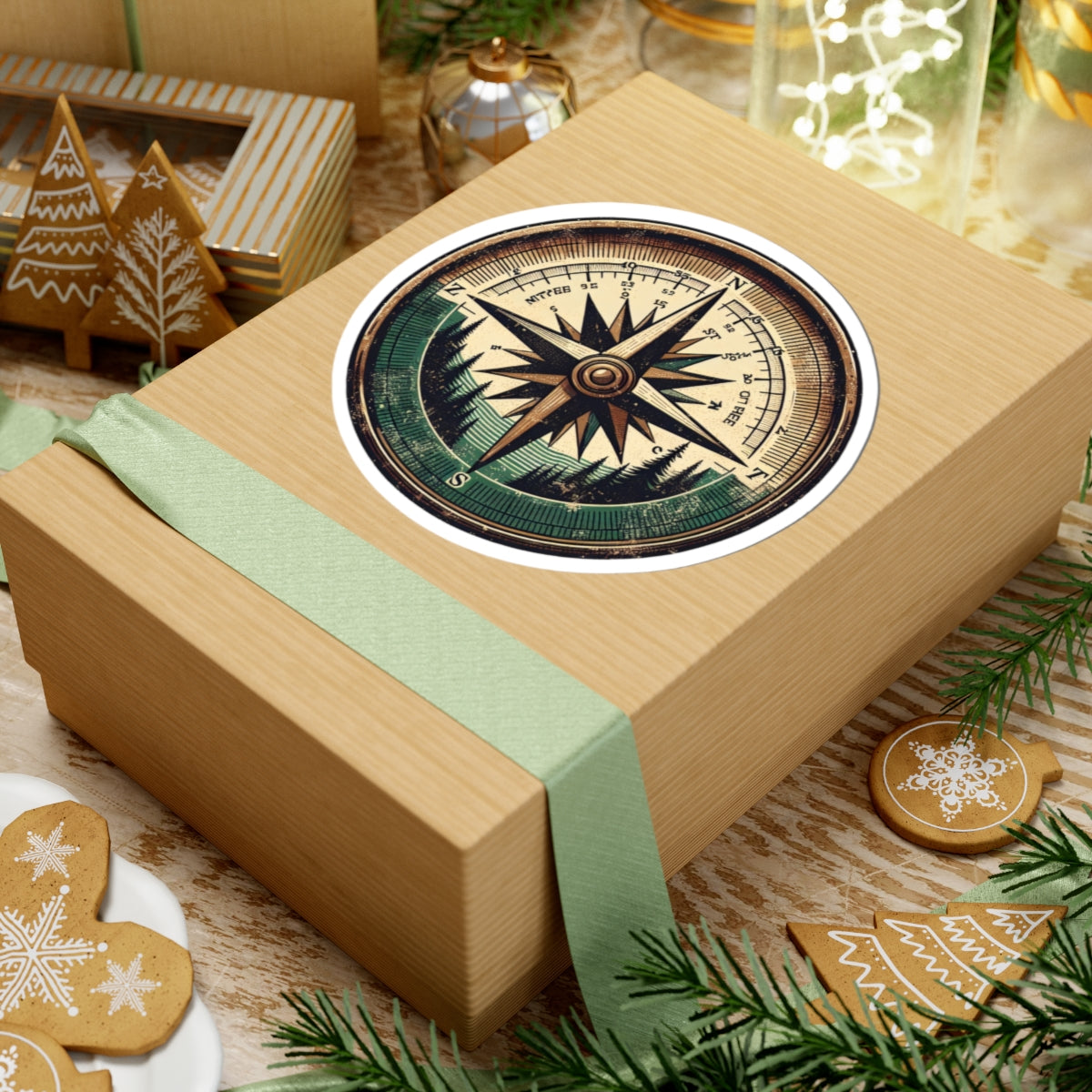 Wander North Sticker | Vintage Compass Rose with Forest Mountains - Adventure Navigation Graphic Vinyl Sticker