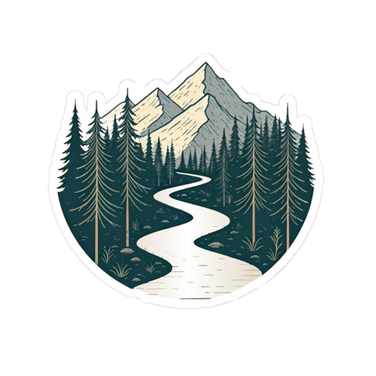 Alpine River Sticker | Winding Stream Through Pines and Peaks - Nature Mountain Scene Vinyl Sticker