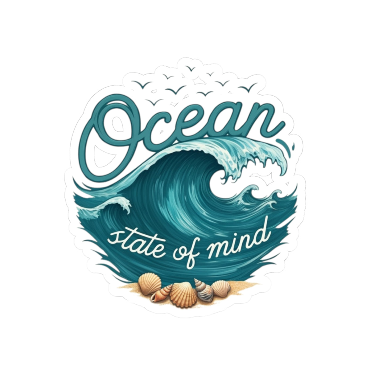 Ocean State of Mind Sticker | Rolling Wave and Seashell Graphic with Coastal Quote – Beach Lover Vinyl Sticker