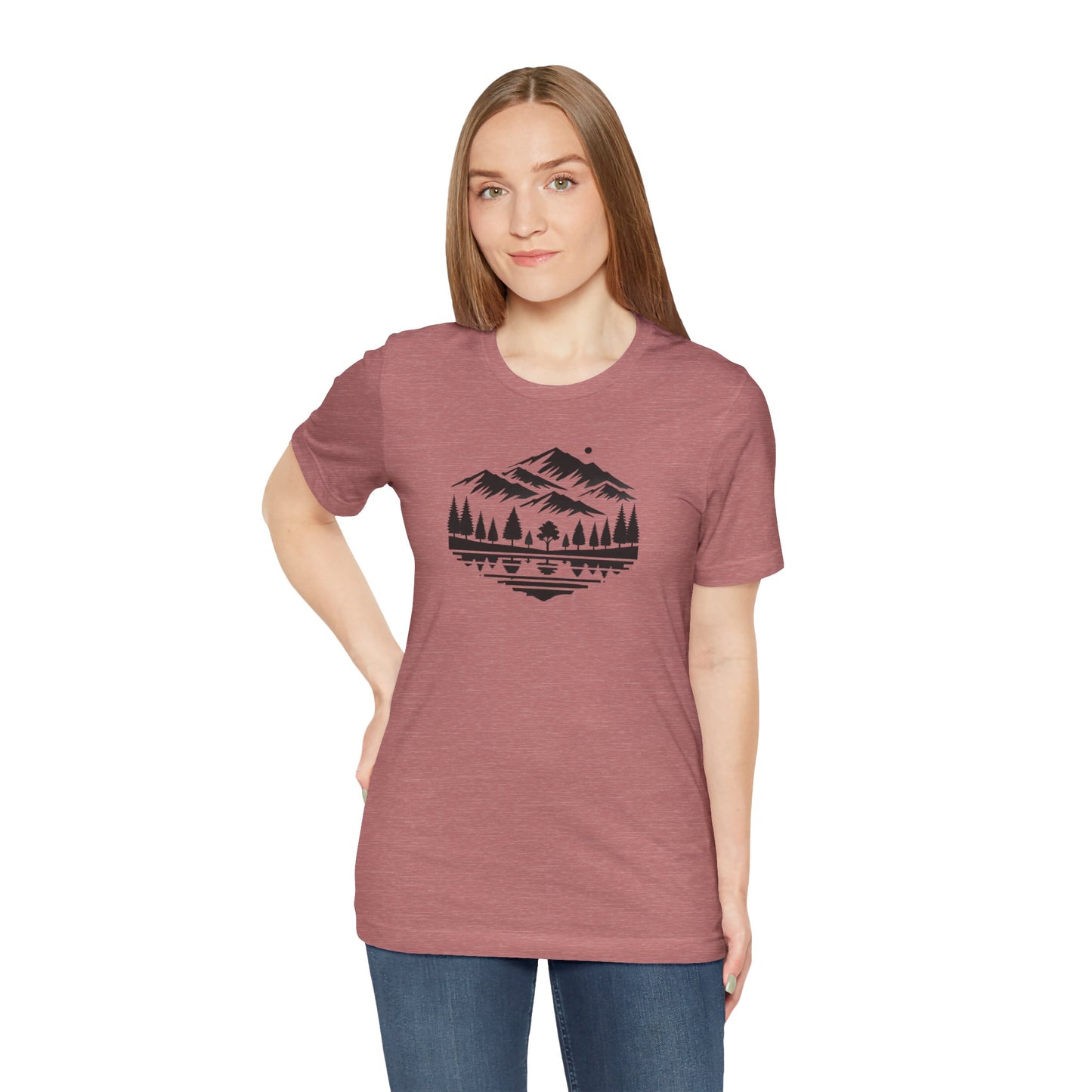 Alpine Reflection Tee | Minimal Mountain Scene with Forest and Lake - Bold Nature Graphic T-Shirt (BC3001)