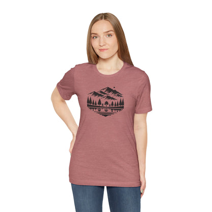 Alpine Reflection Tee | Minimal Mountain Scene with Forest and Lake - Bold Nature Graphic T-Shirt (BC3001)