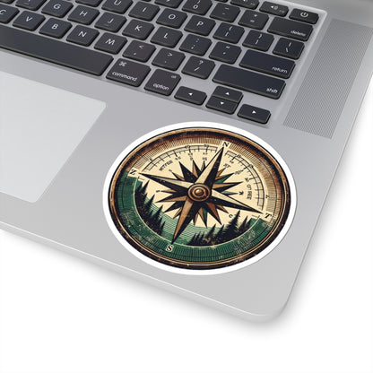 Wander North Sticker | Vintage Compass Rose with Forest Mountains – Adventure Navigation Graphic Vinyl Sticker