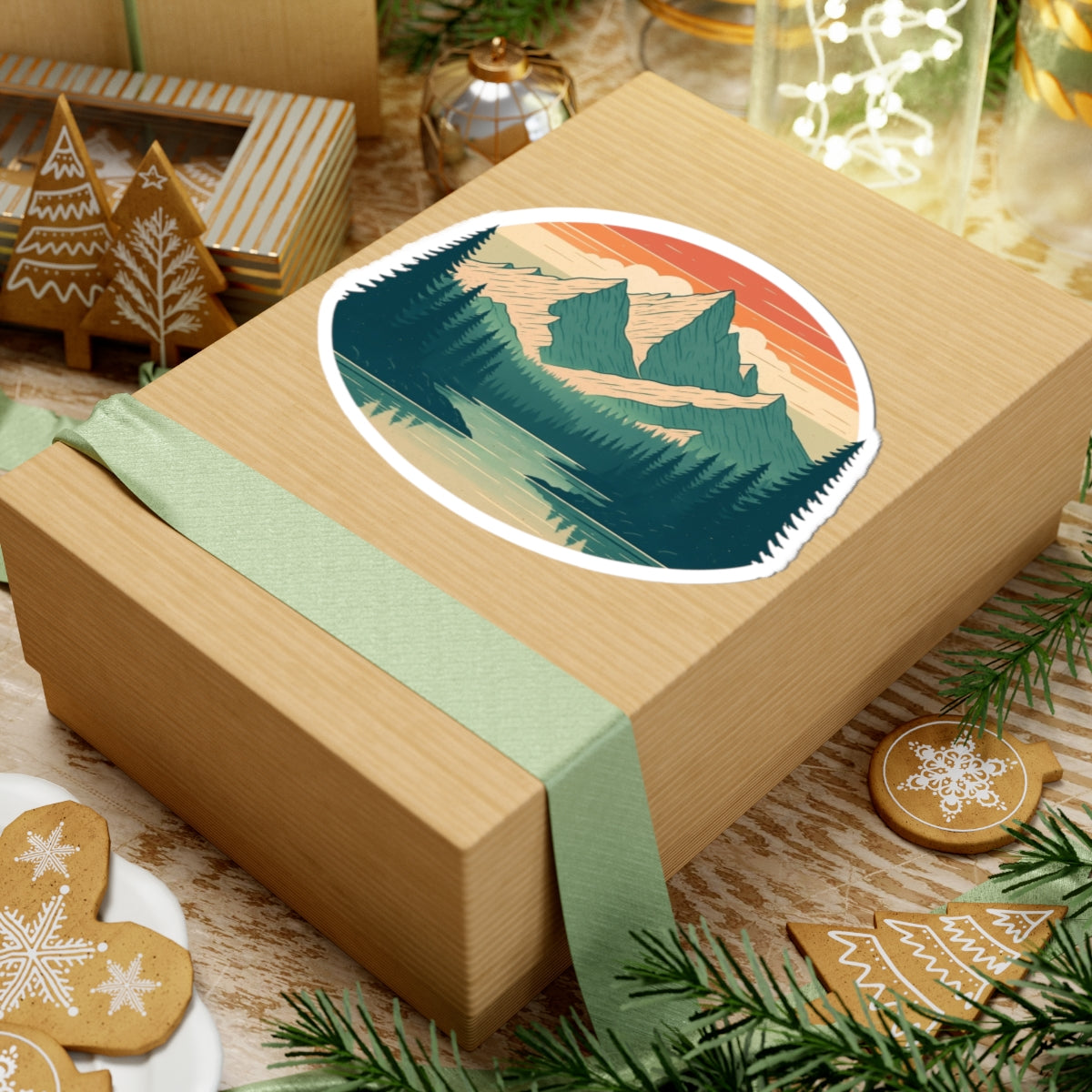 Mountain Echo Sticker | Sunset Peak and Pine Forest Scene – Retro Wilderness Adventure Vinyl Sticker