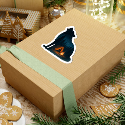 Moonlit Howl Sticker | Campfire and Tent Scene Inside Wolf Silhouette – Night Forest Adventure Vinyl Sticker