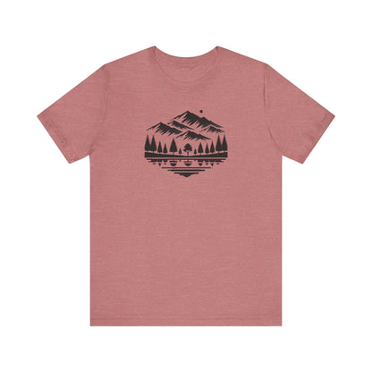 Alpine Reflection Tee | Minimal Mountain Scene with Forest and Lake - Bold Nature Graphic T-Shirt (BC3001)