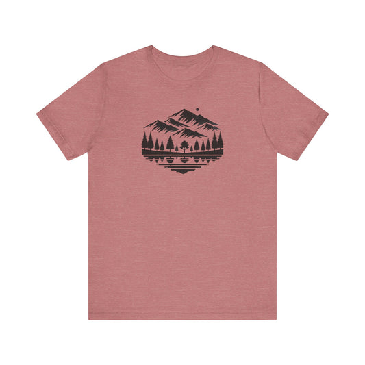 Alpine Reflection Tee | Minimal Mountain Scene with Forest and Lake - Bold Nature Graphic T-Shirt (BC3001)