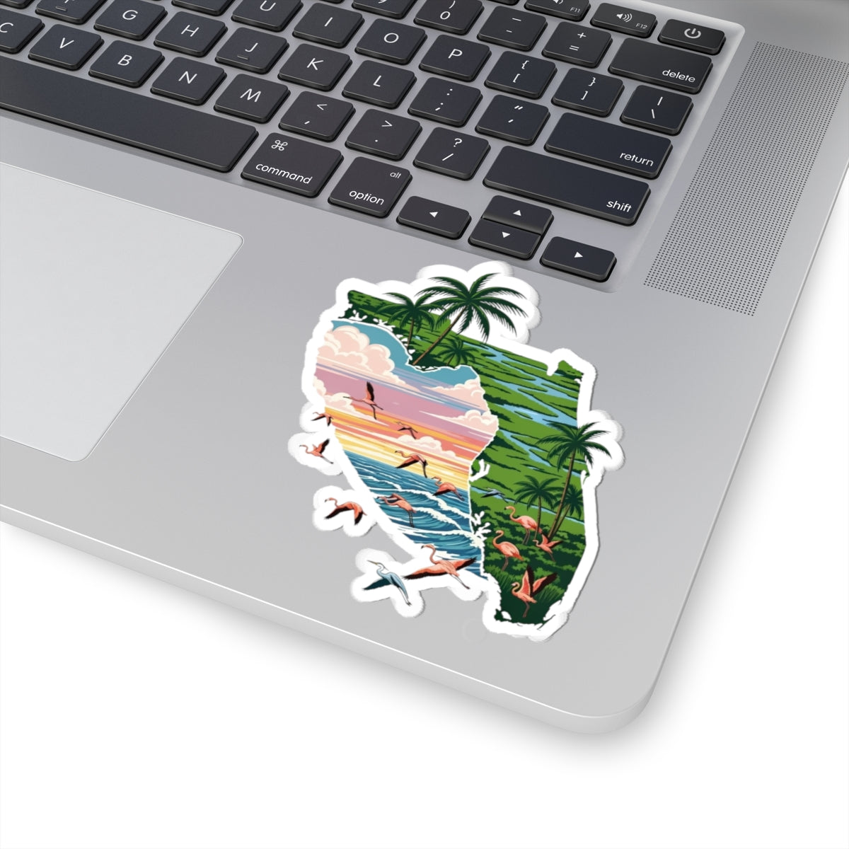 Florida Sunset Sticker | Tropical Coastline Inside Florida State Silhouette – Palm Trees, Flamingos & Ocean Sunset Vinyl Sticker