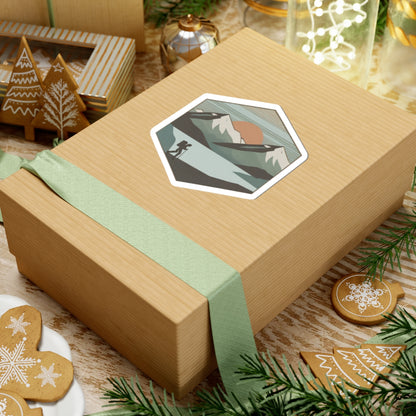 Horizon Hike Sticker | Minimalist Mountain Sunset with Hiker and Lake – Retro Wilderness Trek Graphic Vinyl Sticker