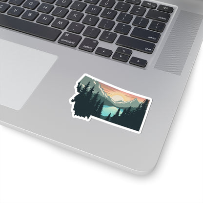 Montana Sunrise Sticker | Scenic Mountain Lake Through Forest Silhouette – Tranquil Wilderness State Vinyl Sticker