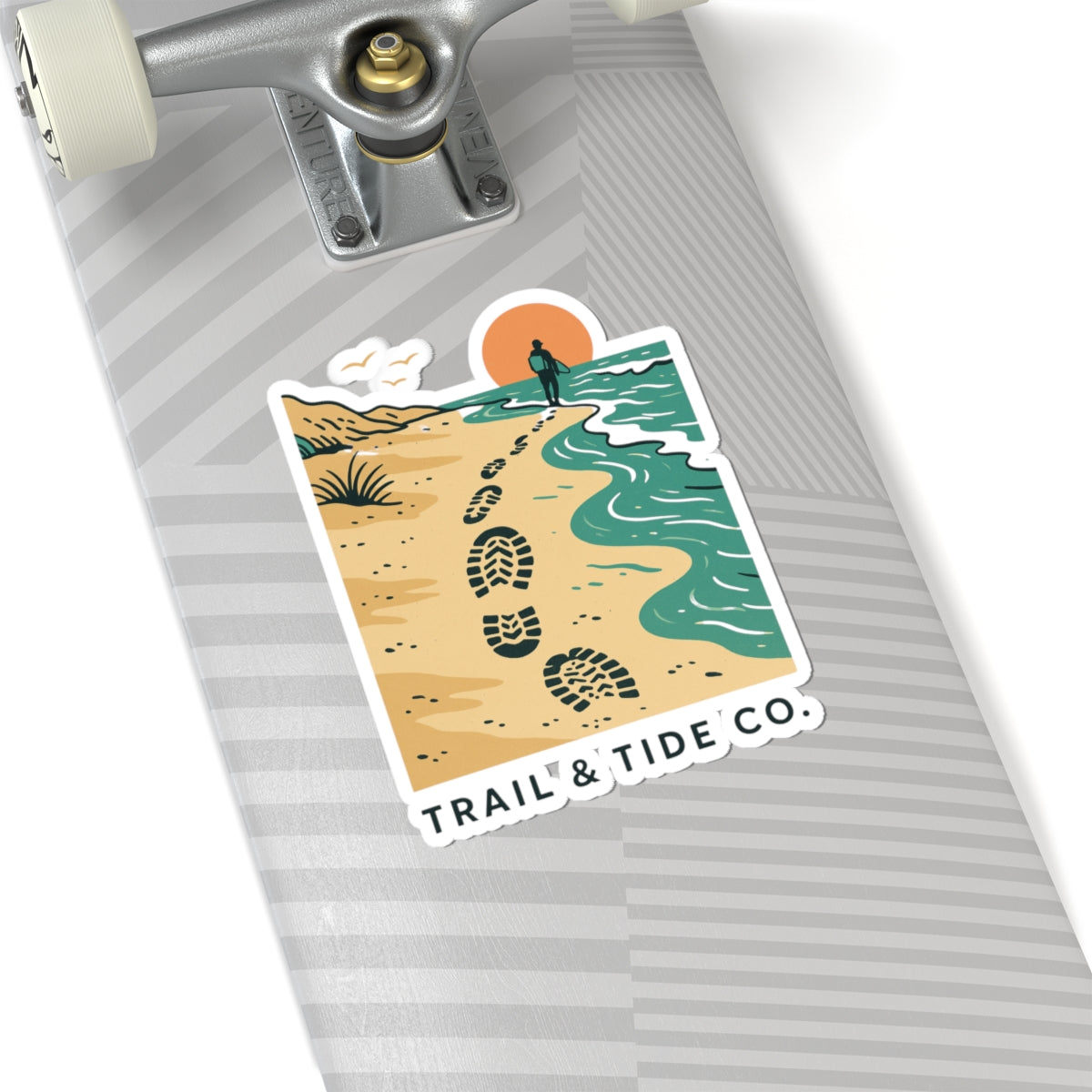 Beach Walker Sticker | Bootprints Along Coastal Trail with Sunset and Ocean – Adventure Beach Walk Graphic Vinyl Sticker