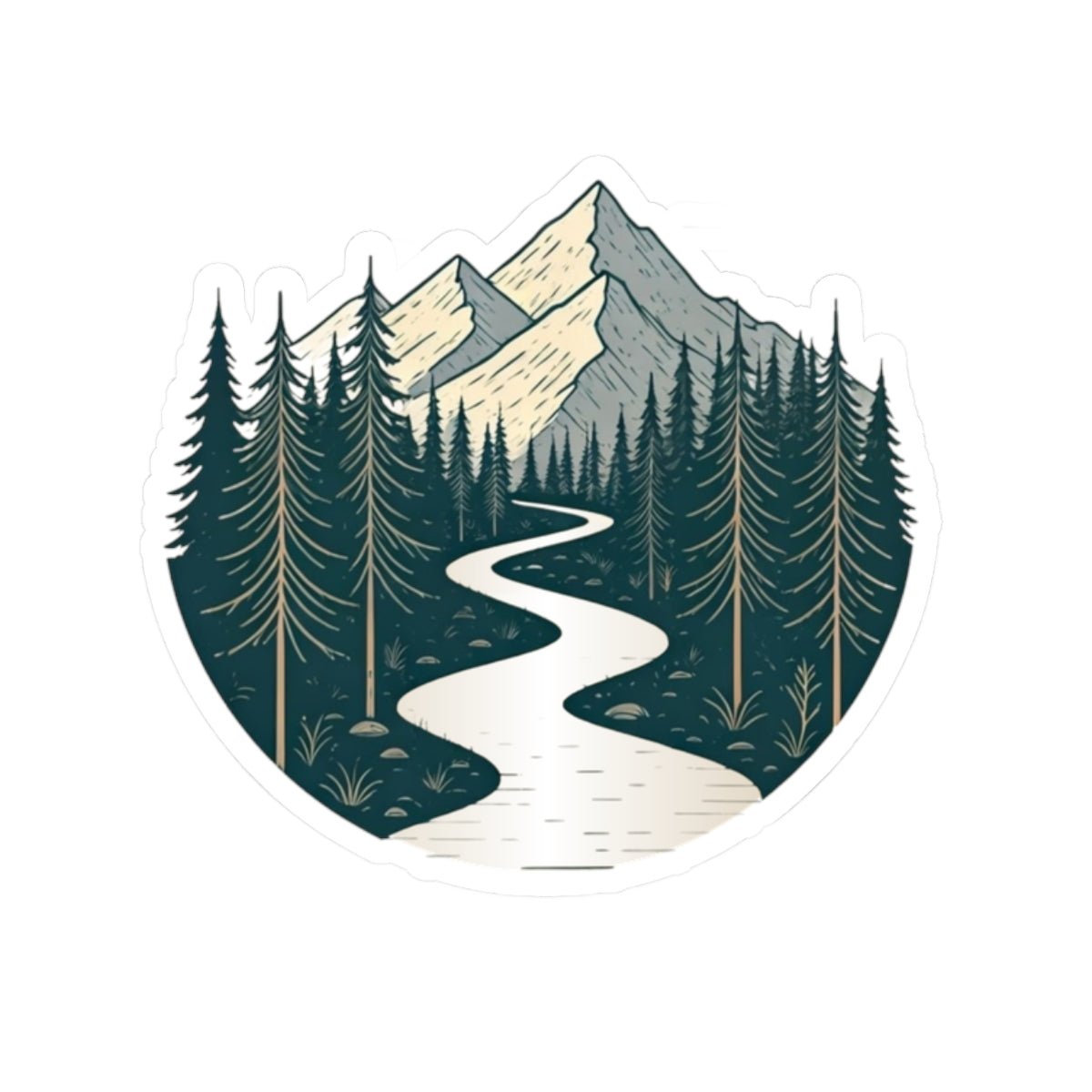 Alpine River Sticker | Winding Stream Through Pines and Peaks – Nature Mountain Scene Vinyl Sticker
