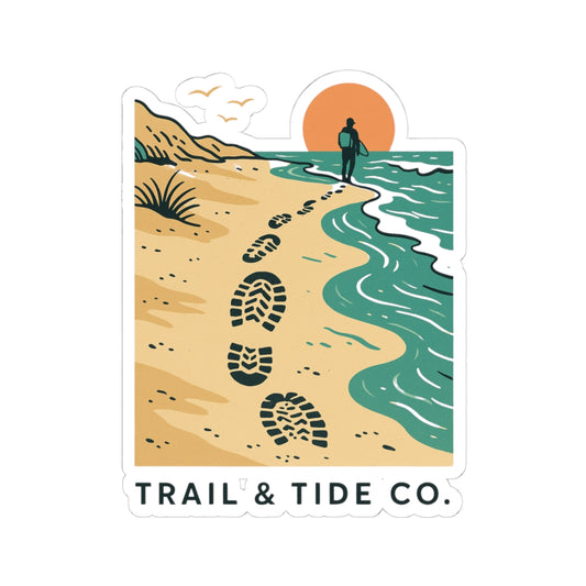 Beach Walker Sticker | Bootprints Along Coastal Trail with Sunset and Ocean - Adventure Beach Walk Graphic Vinyl Sticker