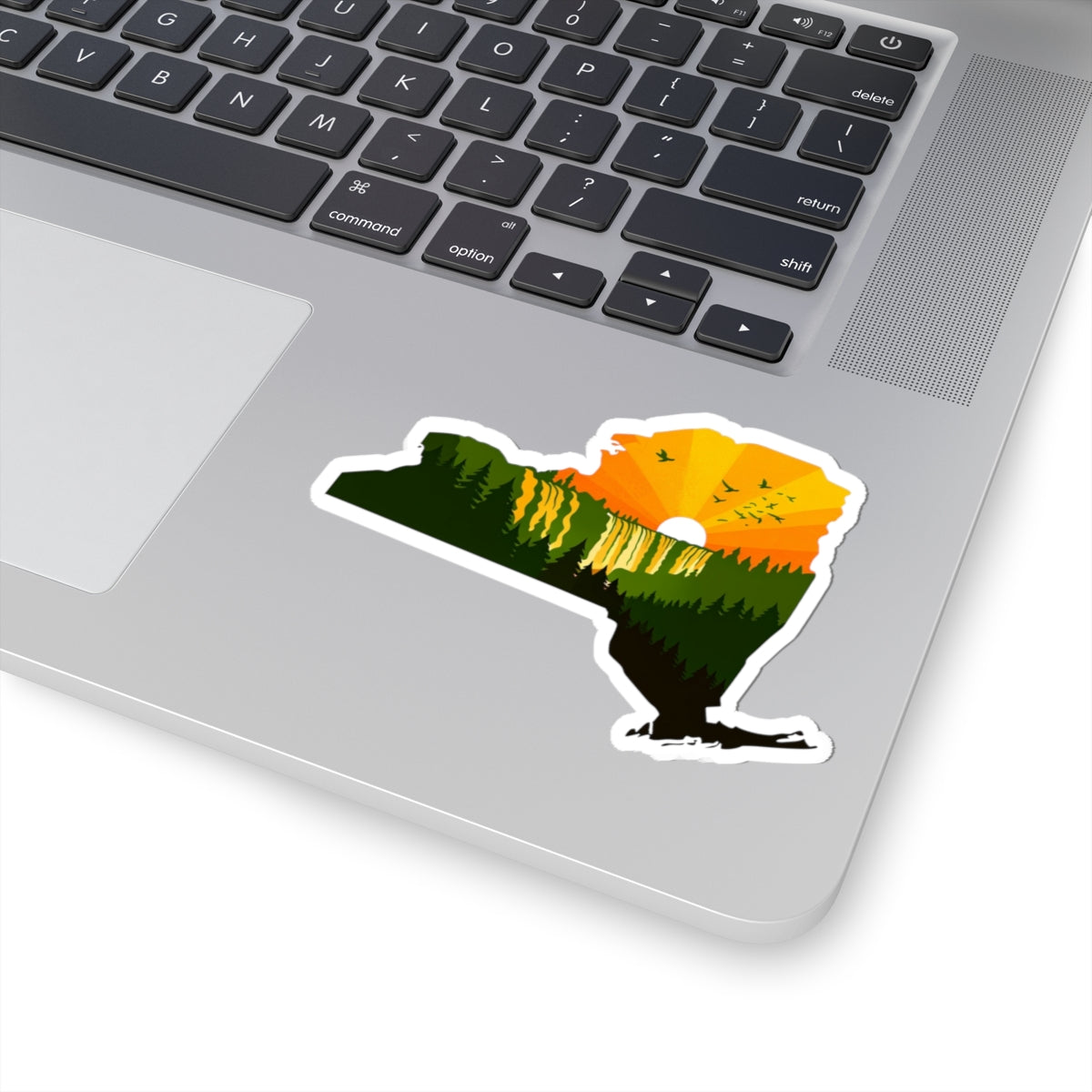 New York Wilderness Sticker | Forest Sunrise in State Silhouette – Upstate Adventure Landscape Vinyl Sticker