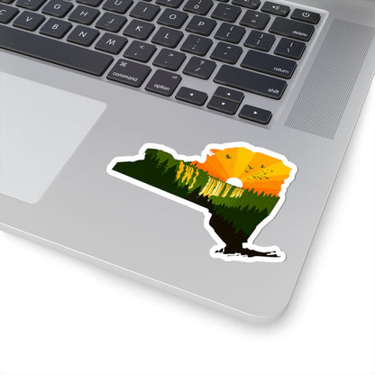 New York Wilderness Sticker | Forest Sunrise in State Silhouette – Upstate Adventure Landscape Vinyl Sticker