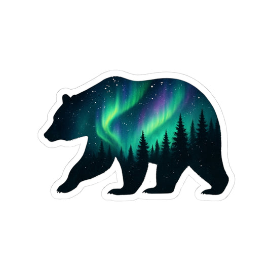 Aurora Bear Sticker | Northern Lights and Pine Forest Inside Bear Silhouette – Starry Wilderness Vinyl Sticker