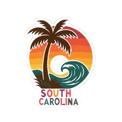 South Carolina Surf Wave Sticker | Retro Palmetto Tree and Sunset Wave Badge – Coastal Carolina Vinyl Sticker