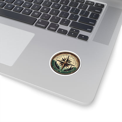 Wander North Sticker | Vintage Compass Rose with Forest Mountains - Adventure Navigation Graphic Vinyl Sticker