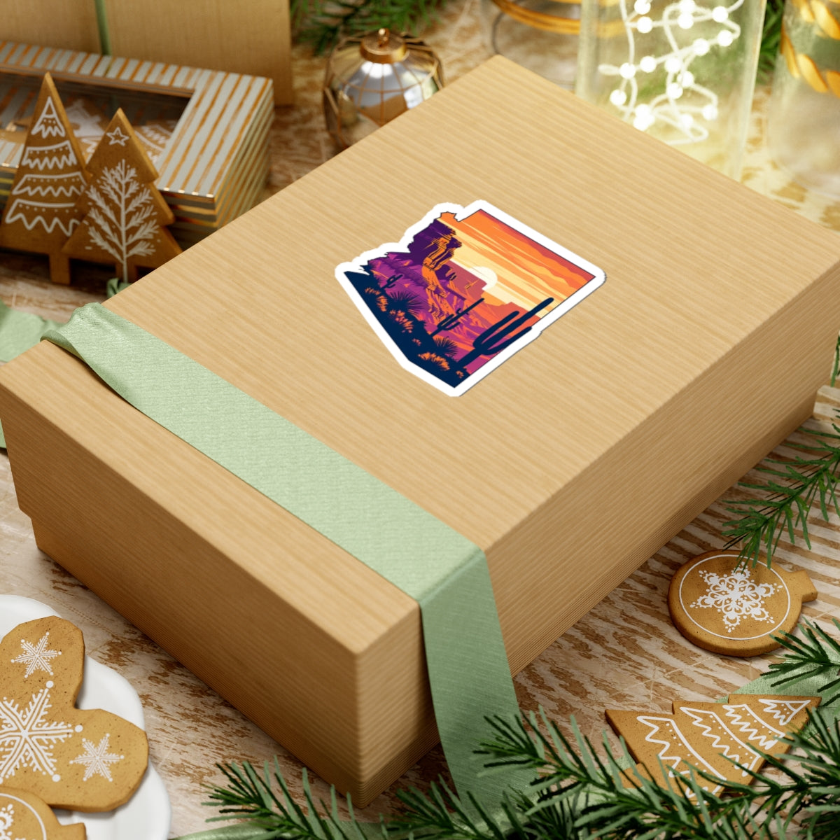 Desert Glow Sticker | Arizona State Outline with Cactus Landscape, Red Rocks, and Sunset Sky – Bold Southwest Desert Vinyl Sticker