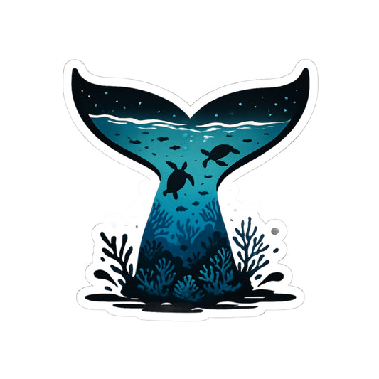 Sea Turtle Trek Sticker | Underwater Ocean Scene Inside Whale Tail - Marine Wildlife Vinyl Sticker