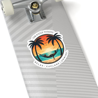 Sun-Kissed Paradise Sticker | Tropical Hammock Sunset with Palm Trees – Retro Beach Relaxation Graphic Matte Vinyl Sticker