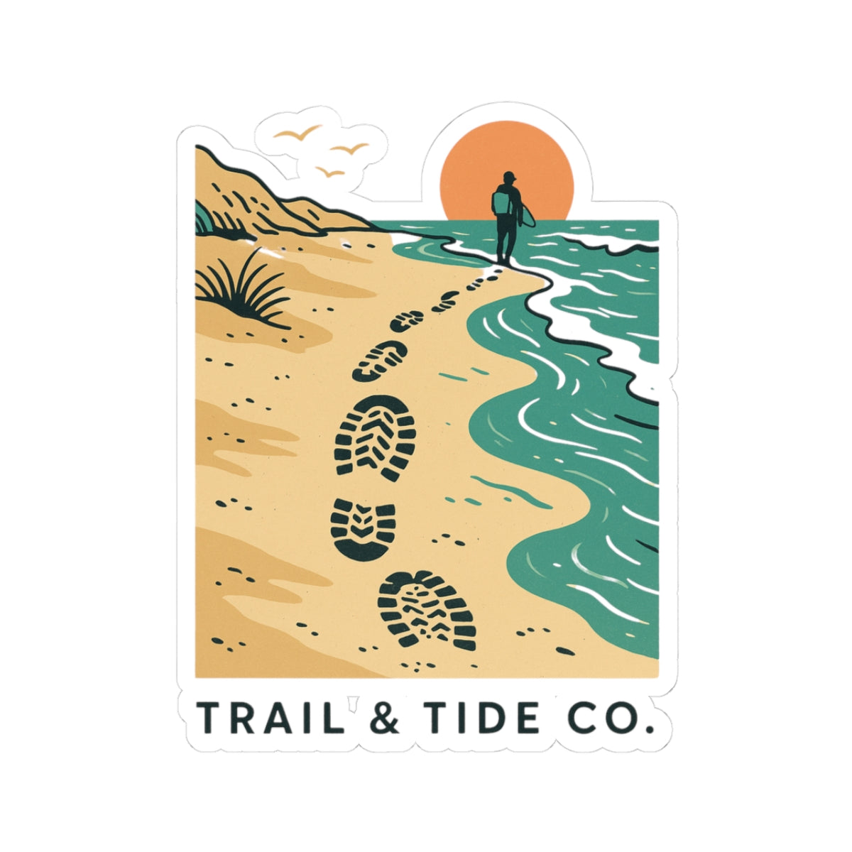 Beach Walker Sticker | Bootprints Along Coastal Trail with Sunset and Ocean – Adventure Beach Walk Graphic Vinyl Sticker