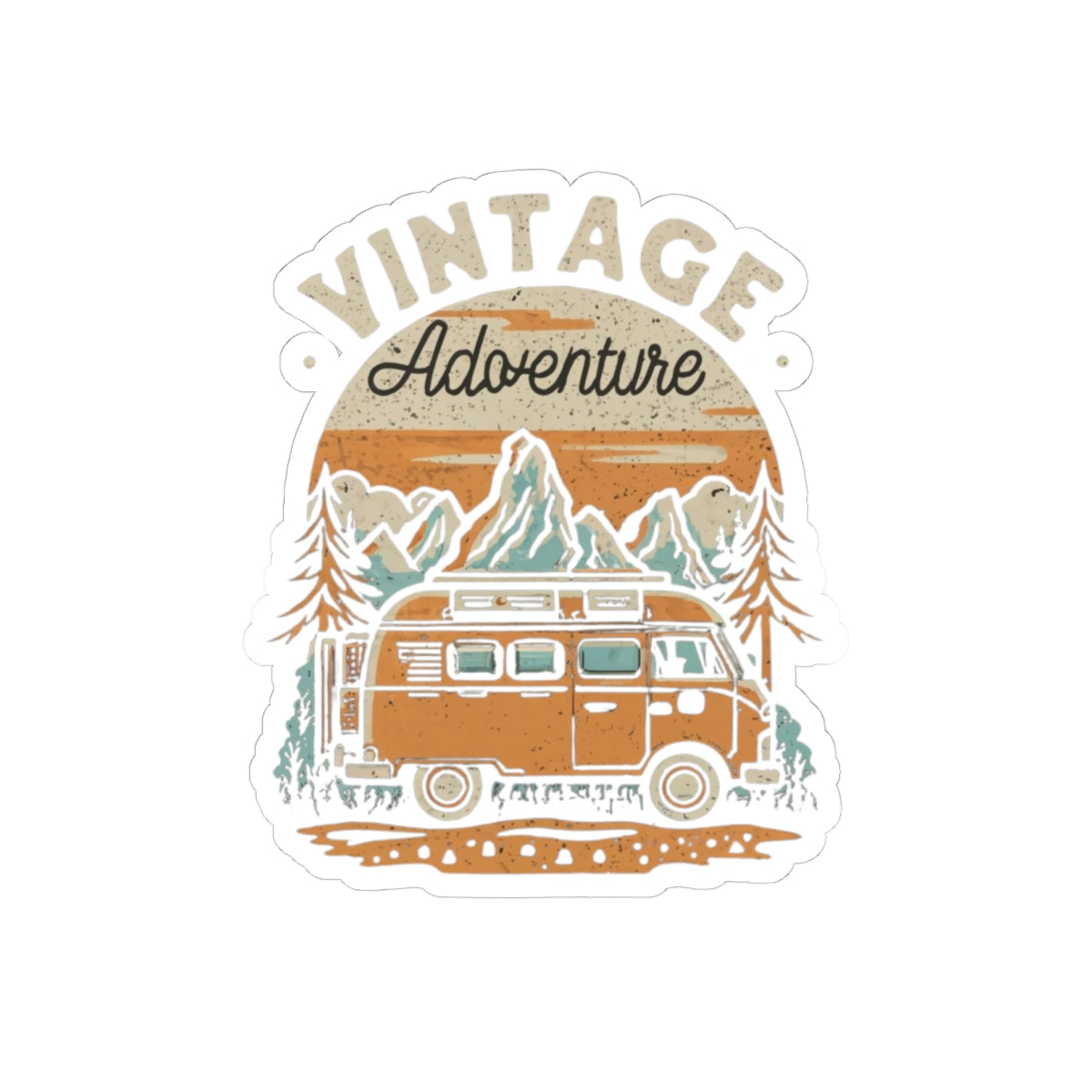 Vintage Adventure Sticker | Retro Camper Van in Mountain Scene – Classic Road Trip Travel Vinyl Sticker