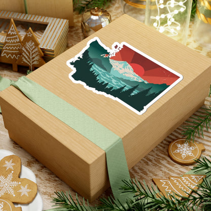 Cascade Sunrise Sticker | Washington State Shape with Mt. Rainier, Pines & Red Sky – Bold PNW Mountain Scene Vinyl Sticker