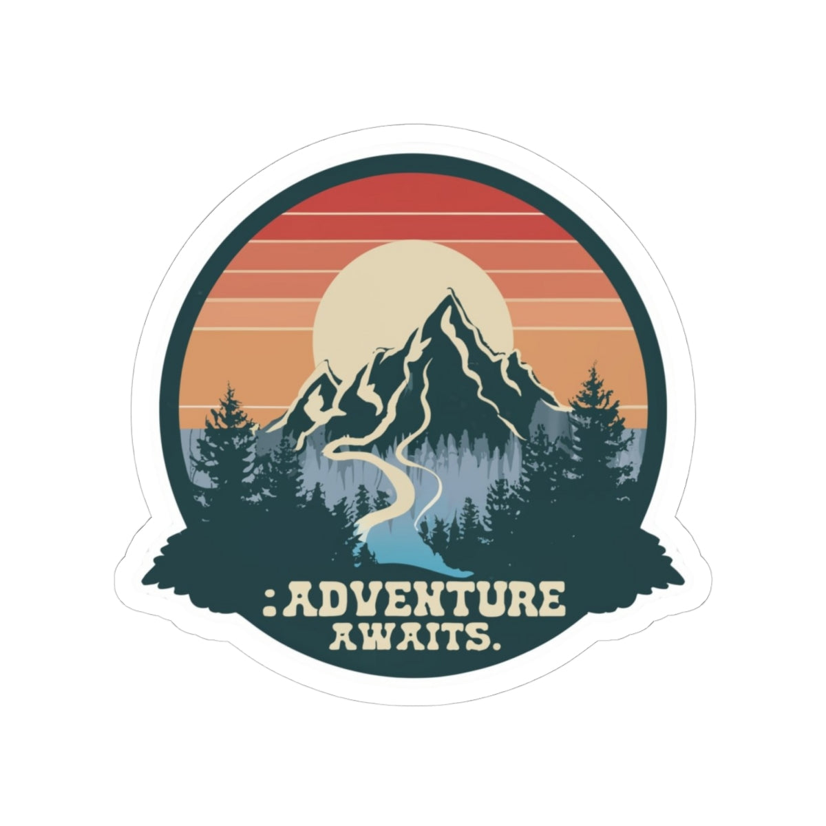Adventure Awaits Sticker | Retro Mountain Landscape with River and Sunset – Scenic Wilderness Travel Graphic Vinyl Sticker