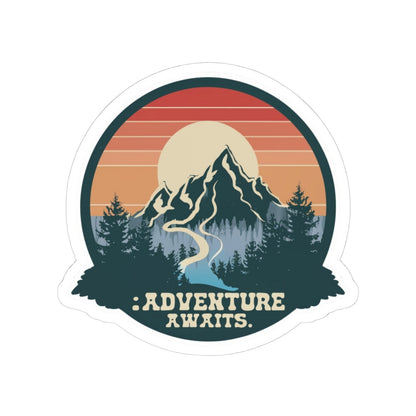 Adventure Awaits Sticker | Retro Mountain Landscape with River and Sunset – Scenic Wilderness Travel Graphic Vinyl Sticker