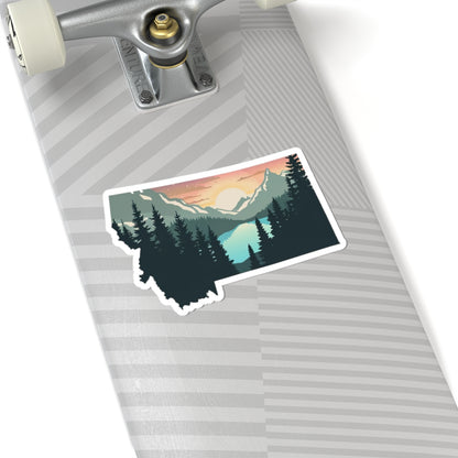 Montana Sunrise Sticker | Scenic Mountain Lake Through Forest Silhouette – Tranquil Wilderness State Vinyl Sticker