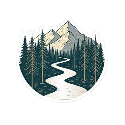Alpine River Sticker | Winding Stream Through Pines and Peaks – Nature Mountain Scene Vinyl Sticker