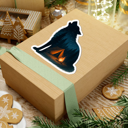 Moonlit Howl Sticker | Campfire and Tent Scene Inside Wolf Silhouette – Night Forest Adventure Vinyl Sticker