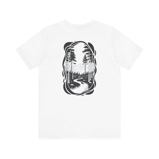 The Trail Ahead Tee | Black & White Forest Path with Mountain Silhouette - Minimalist Nature Scene Graphic Back Tee (BC3001)