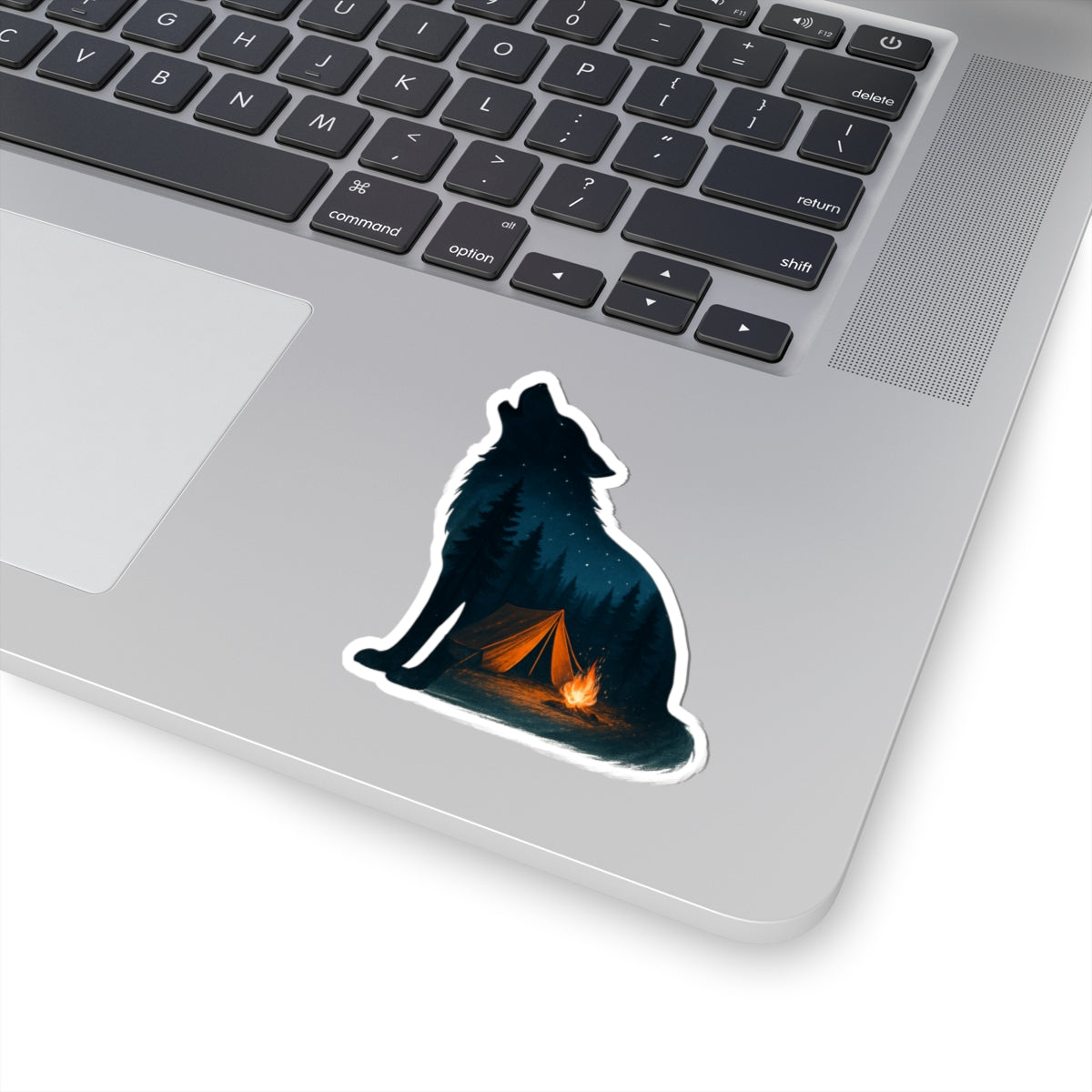 Moonlit Howl Sticker | Campfire and Tent Scene Inside Wolf Silhouette – Night Forest Adventure Vinyl Sticker