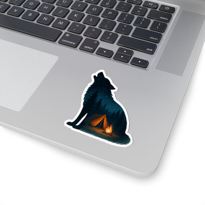 Moonlit Howl Sticker | Campfire and Tent Scene Inside Wolf Silhouette – Night Forest Adventure Vinyl Sticker