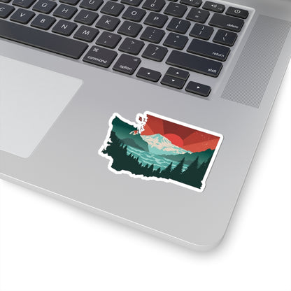 Cascade Sunrise Sticker | Washington State Shape with Mt. Rainier, Pines & Red Sky – Bold PNW Mountain Scene Vinyl Sticker