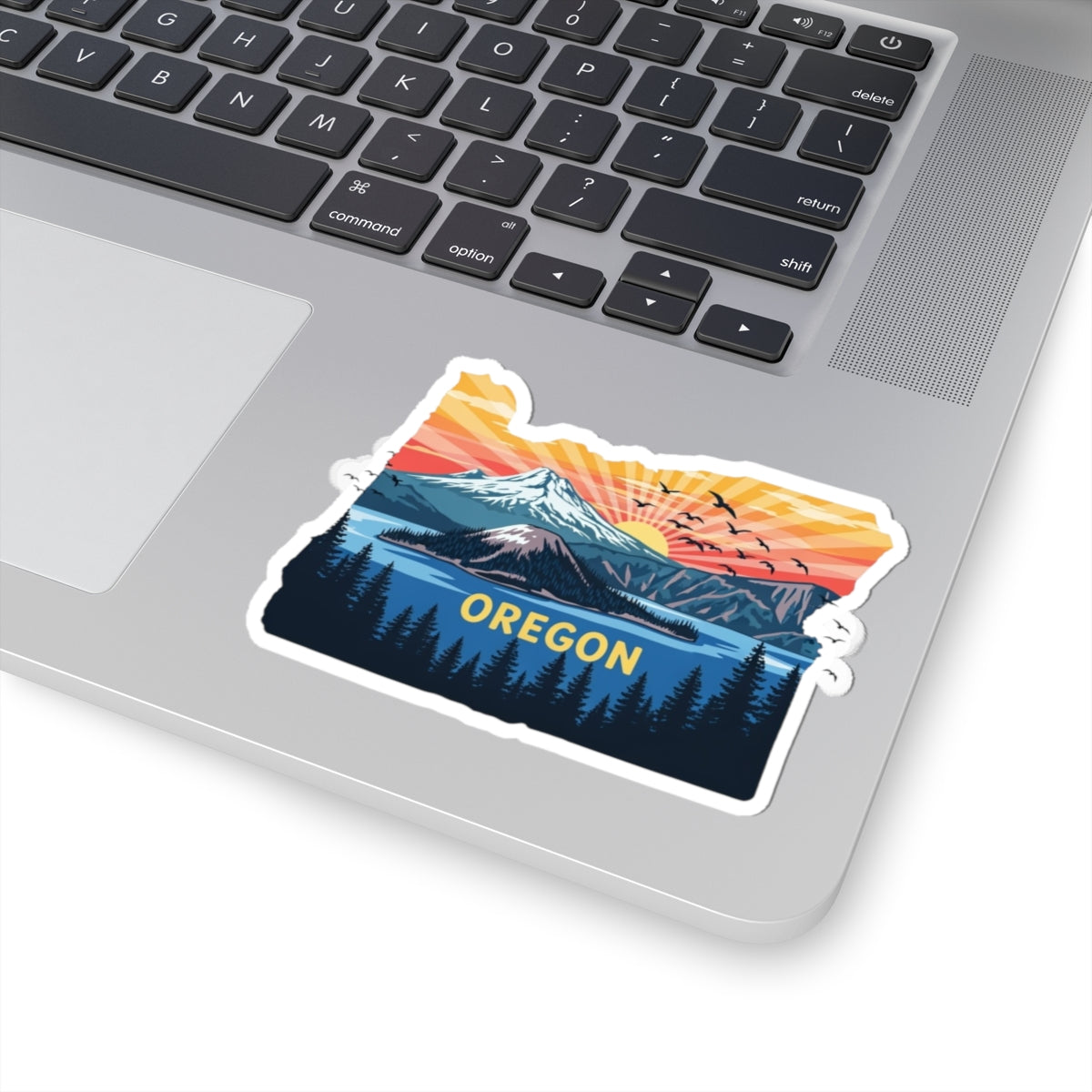 Peaks of Oregon Sticker | Oregon State Outline with Mt. Hood, Sunrise Sky, and Pine Forest – Vibrant PNW Wilderness Vinyl Sticker