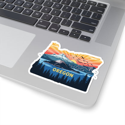 Peaks of Oregon Sticker | Oregon State Outline with Mt. Hood, Sunrise Sky, and Pine Forest – Vibrant PNW Wilderness Vinyl Sticker