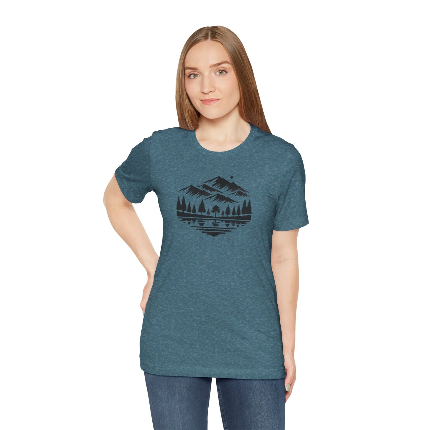 Alpine Reflection Tee | Minimal Mountain Scene with Forest and Lake - Bold Nature Graphic T-Shirt (BC3001)