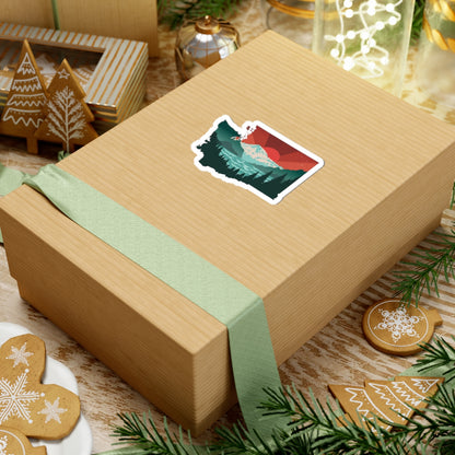 Cascade Sunrise Sticker | Washington State Shape with Mt. Rainier, Pines & Red Sky – Bold PNW Mountain Scene Vinyl Sticker