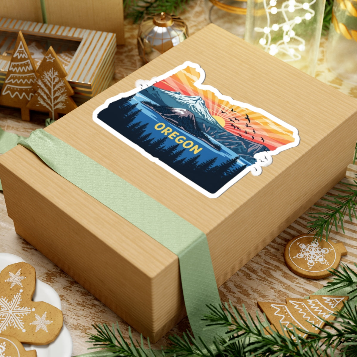 Peaks of Oregon Sticker | Oregon State Outline with Mt. Hood, Sunrise Sky, and Pine Forest – Vibrant PNW Wilderness Vinyl Sticker