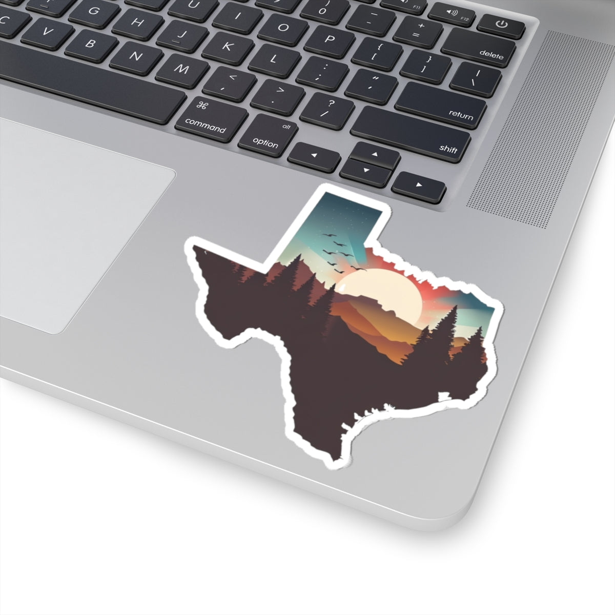 Texas Trail Sunset Sticker | Southwest Desert Landscape Inside Texas State Shape – Cactus, Cliffs & Sunset Wilderness Vinyl Sticker
